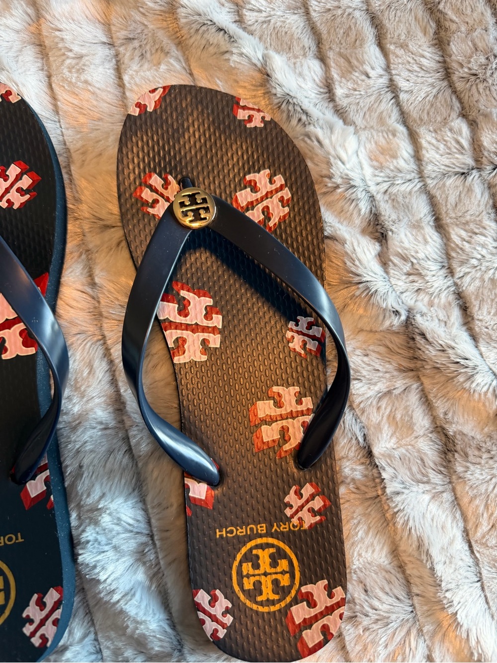 Tory Burch Women’s Navy Blue Logo Flip Flops - Picture 5 of 14